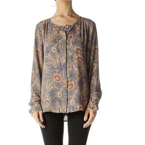 LOFT Gray/Beige/Orange Pocketed Round-Neck Long-Sleeve Blouse